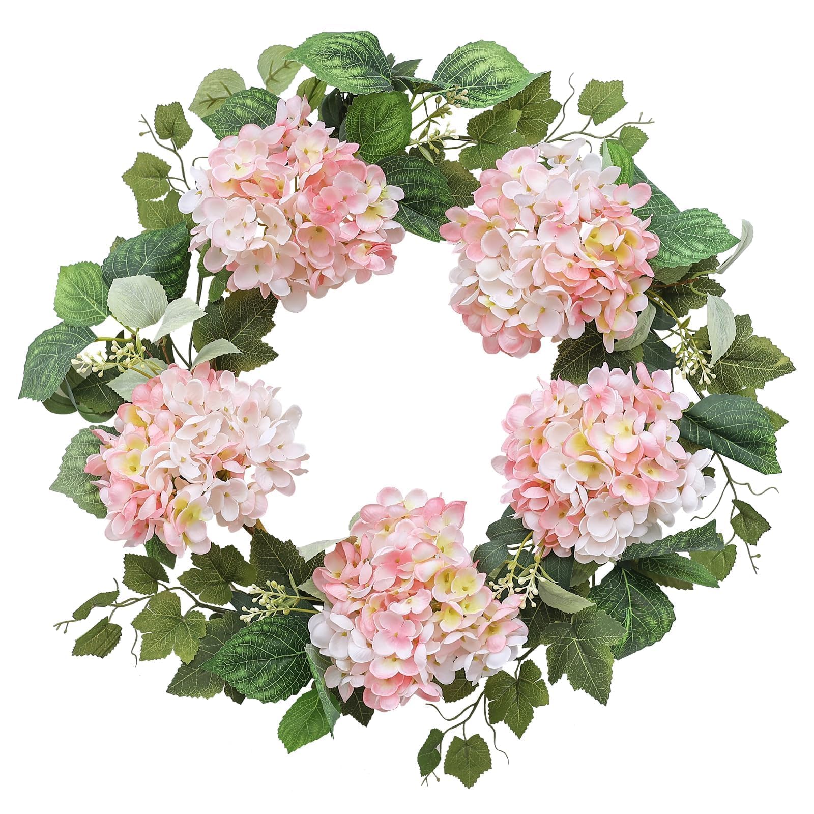 Hometrance Pink Hydrangea Spring Wreath for Front Door 18 Inch Outdoor Summer Wreath w/Eucalyptus & Hydrangea Leaves Farmhouse Indoor Decor for All Seasons Year Round Flower Wreath for Wedding