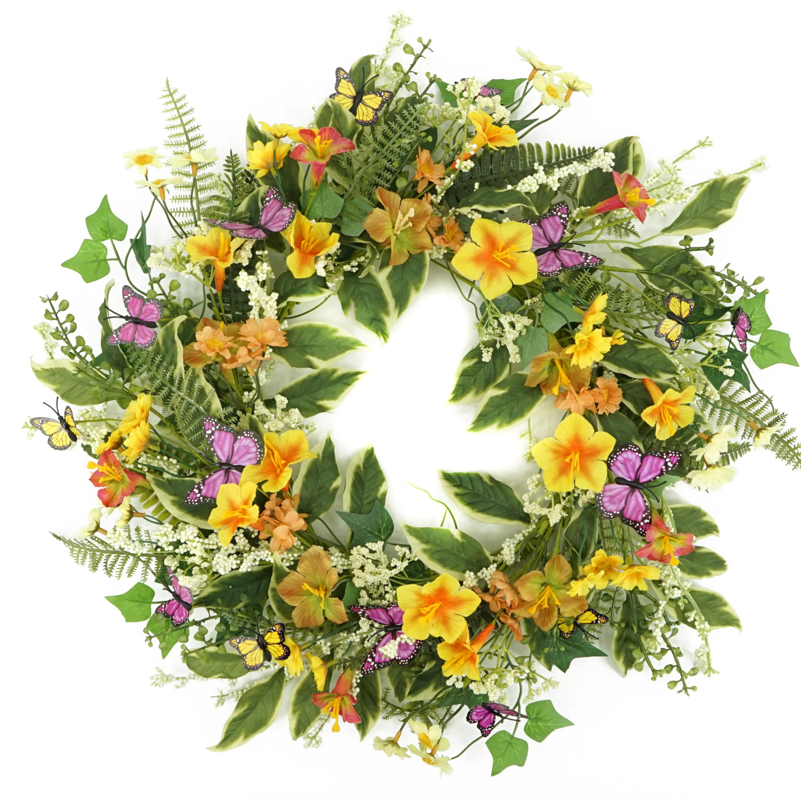 WreathDream Artificial Spring Summer Wreath Morning Glory Wreath with Yellow and Pink Morning GloryDaisyIvy Leaves for Front Door Farmhouse Indoor Outdoor Festival Home Decor