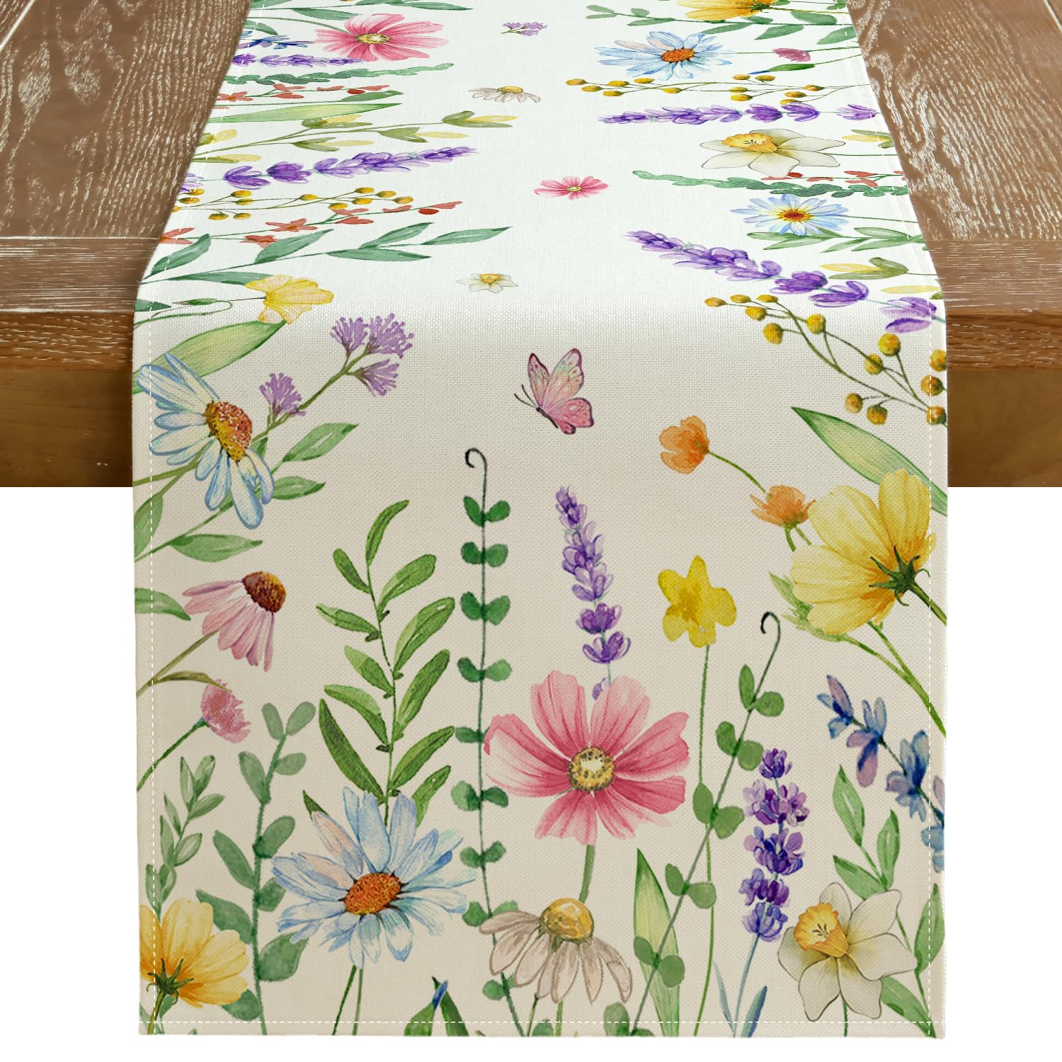 GEEORY Spring Table Runner 13 x 108 Inch Floral Wildflowers Decorative Rustic Farmhouse Table Decoration for Kitchen Dinning Indoor Outdoor Dinner Party Decor GT149-108