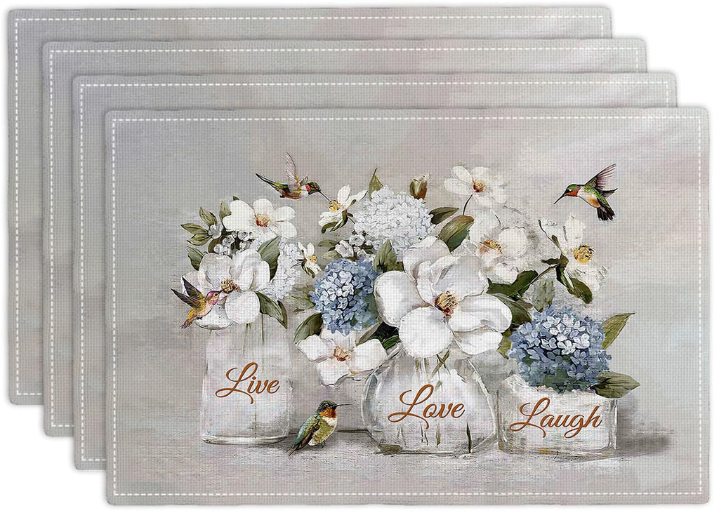 White Flower Placemats Set of 4 Farmhouse Hummingbirds Floral Live Love Laugh Double-Sided Table Mats for Kitchen Dining Room Home Party Indoor Decor 4 PCS 12x18 Inch