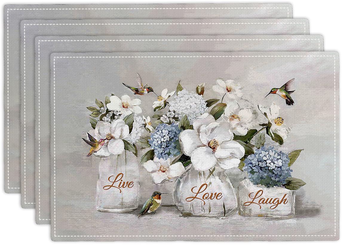 White Flower Placemats Set of 4 Farmhouse Hummingbirds Floral Live Love Laugh Double-Sided Table Mats for Kitchen Dining Room Home Party Indoor Decor 4 PCS 12x18 Inch