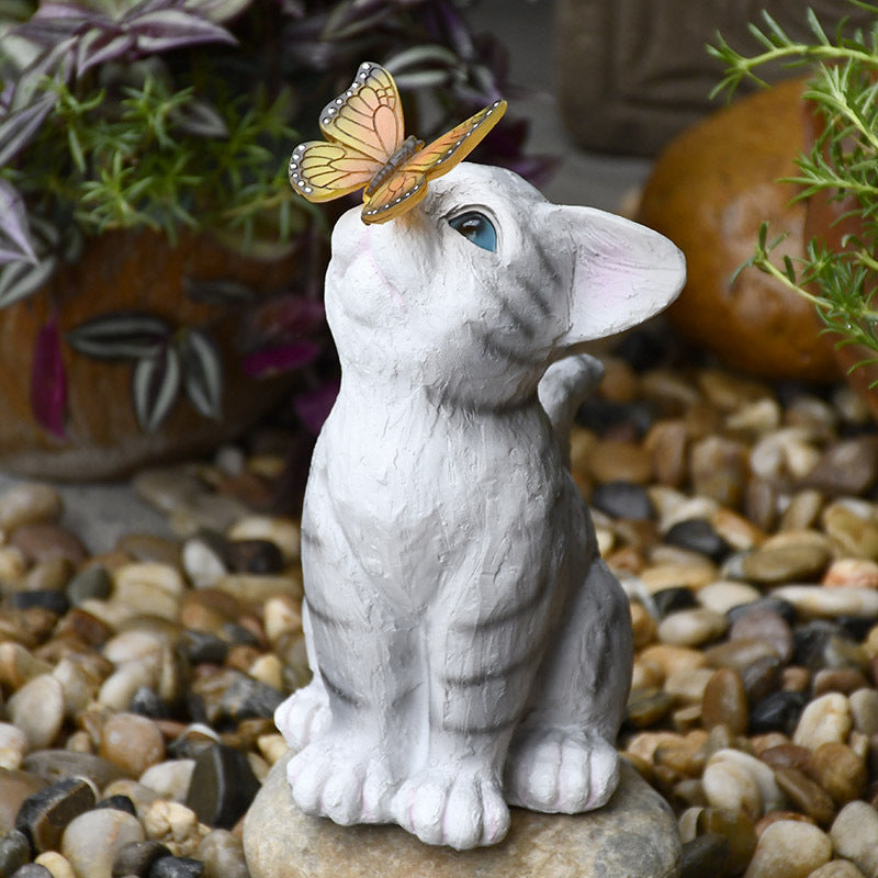 Outdoor Solar Cat Butterfly Statue for Garden Decor