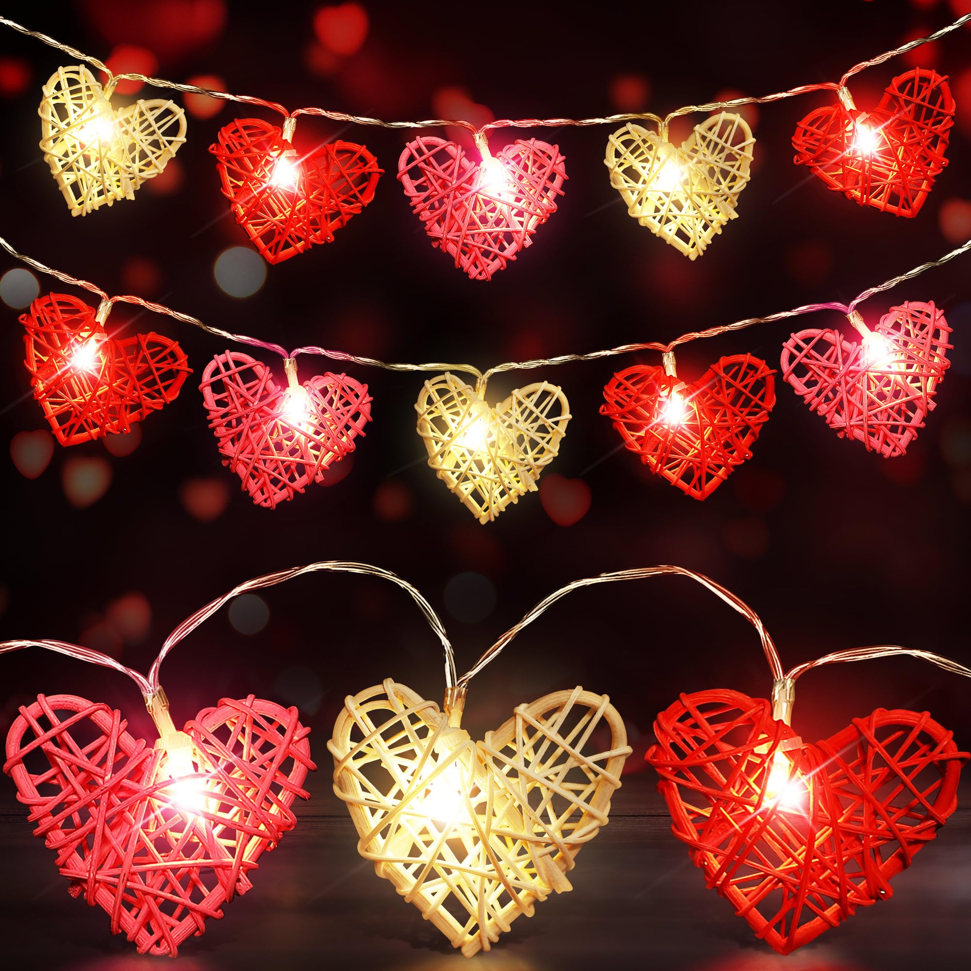 Hiboom Valentines Heart String Lights Battery Operated Vintage Rattan Heart Shaped Lights 16ft 24 LED Twinkle Light for Valentines Day Wedding Indoor Outdoor Decor(Red Pink White)
