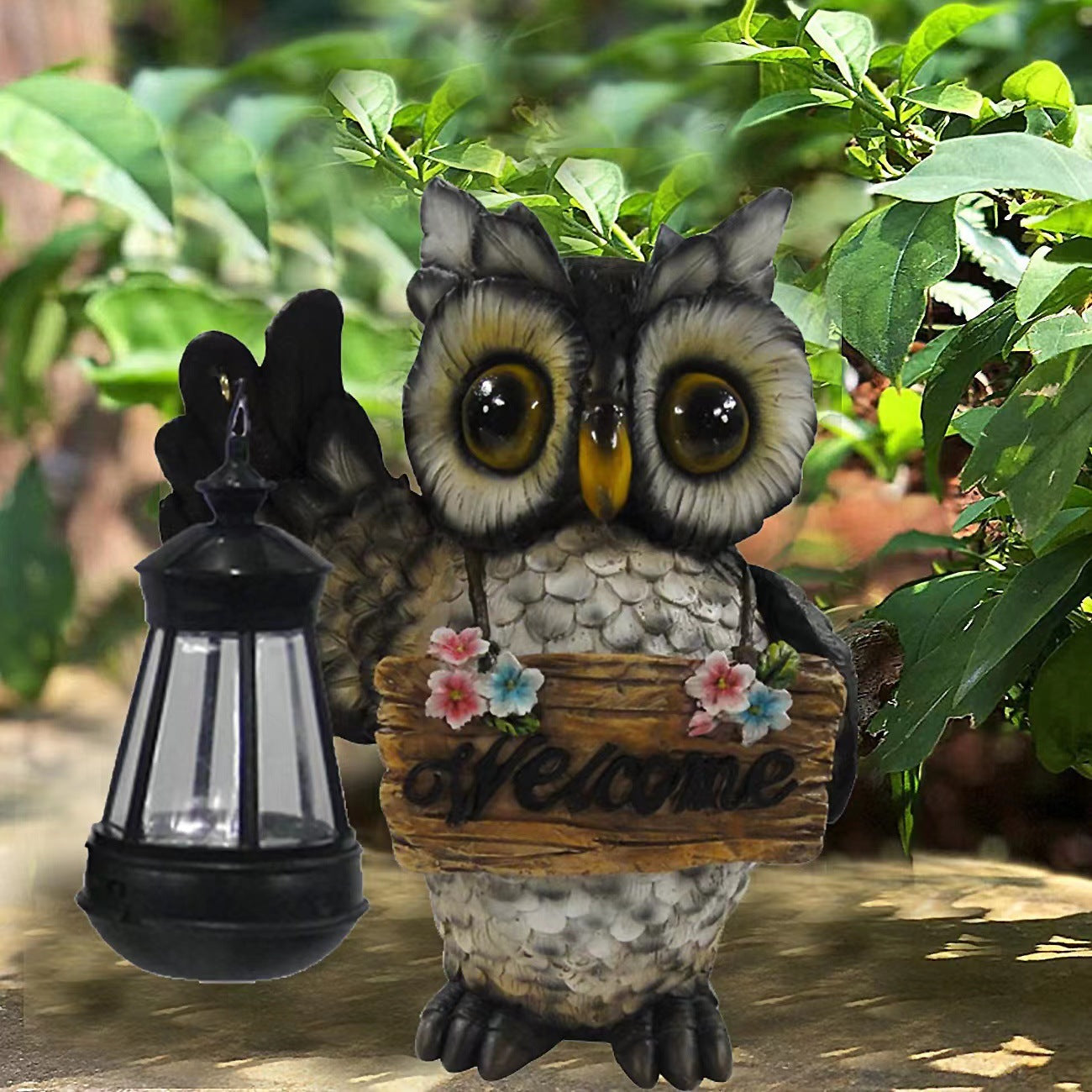 Solar-Powered Resin Owl Lantern for Outdoor Decor