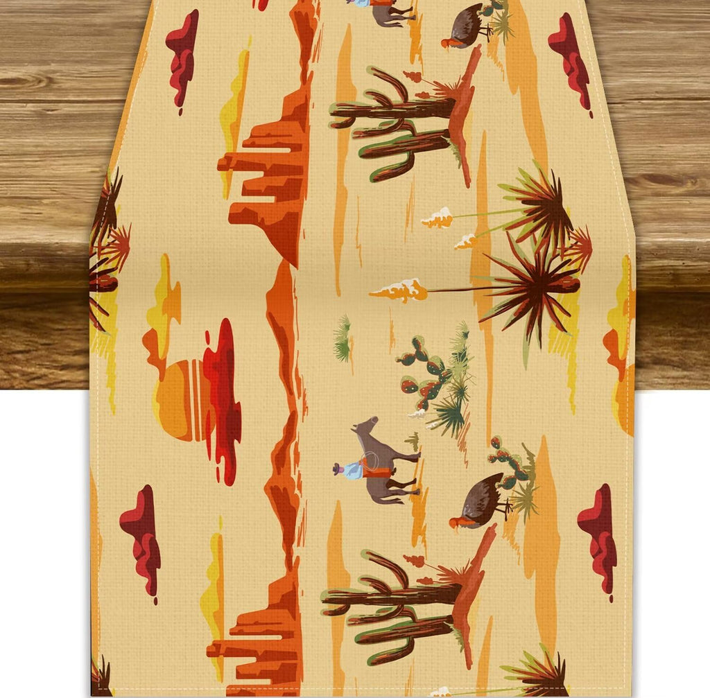 Western Desert Table Runner Western Cowboy Riding Horse Wild Tropical Cactus Mountain Landscape Kitchen Dining Table Runners for Indoor Outdoor Home Party Holiday Decor 13x36inch