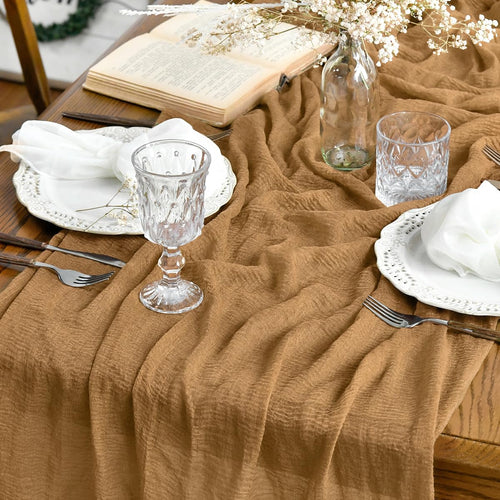 Artoid Mode Boho Cheesecloth Gauze Mustard Yellow Wedding Table Runner Seasonal Fall Thanksgiving Fabric Kitchen Dining Holiday Table Decor for Home Party Indoor 35x120 Inch