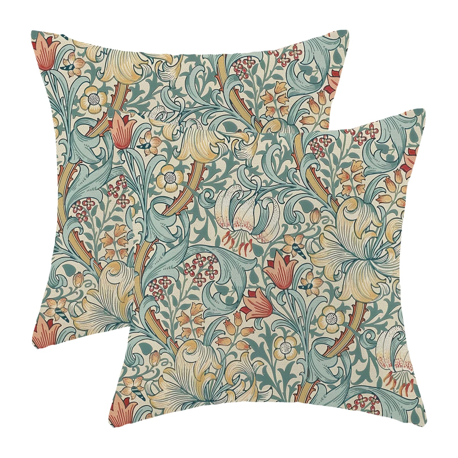 Boho Floral Pillow Covers 18x18 Set of 2 William Morris Flower Decorative Throw Pillows Bohemian Vintage Farmhouse Cushion Pillow Covers for Sofa Couch Bed Outdoor Decor