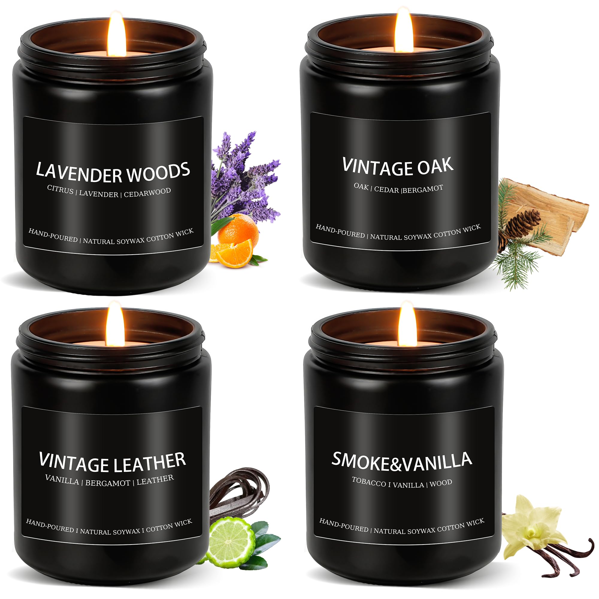 Scented Candles for Men Soy Candle Set Scented Candles for Home 4 Pack Men Candle Gift Natural Candles Scents of Lavender Oak Leather Smoke Vanilla