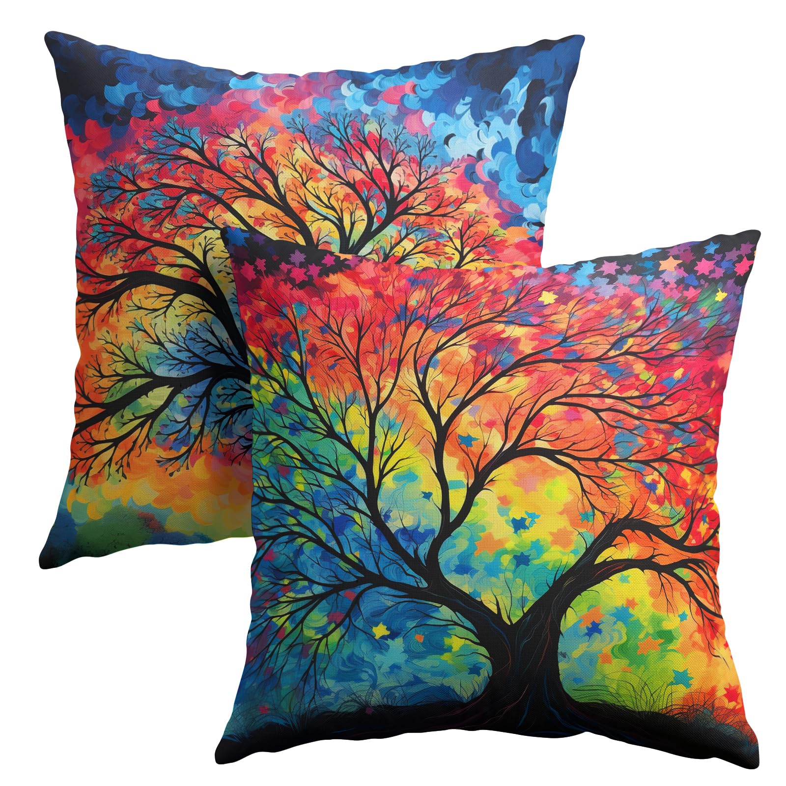 Granbey Watercolor Tree Throw Pillow Cover - Colorful Tree Pillow Covers 16x16 Set of 2 Nature Forest Pillowcase Decor for Indoor Outdoor Home Sofa Bedroom Living Room