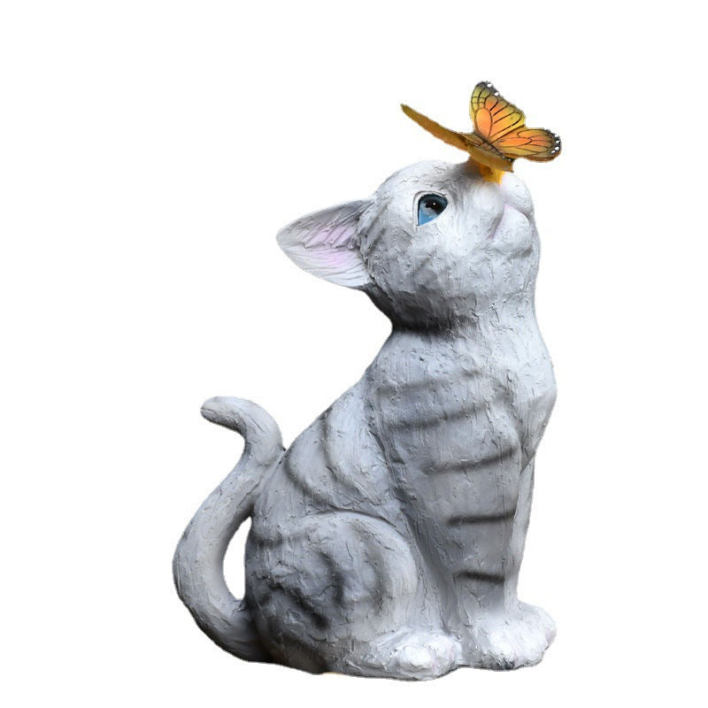 Outdoor Solar Cat Butterfly Statue for Garden Decor