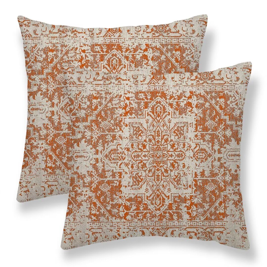 Sunshineyan Fall Pillow Covers 20x20 Set of 2 Burnt Orange Boho Decorative Throw Pillows Ethnic Vintage Farmhouse Bohemian Carpet Pattern Pillow Cases Linen Gifts for Couch Sofa Outdoor Decor
