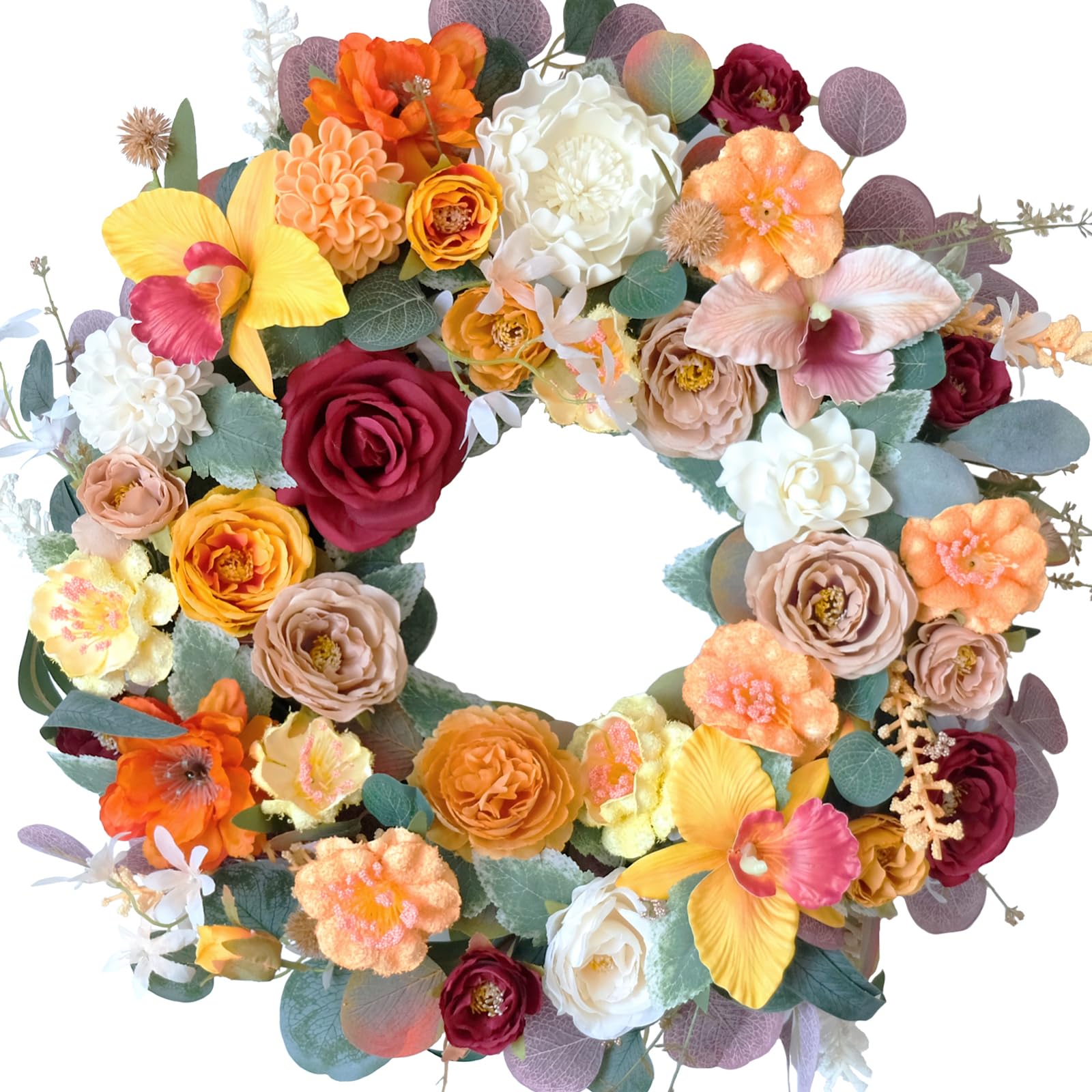 Penoy Orchid Flower Wreath for Front Door Eucalyptus Leaves Wreath with Artificial Floral for Indoor Outdoor Spring Summer Wreath for Home Decor