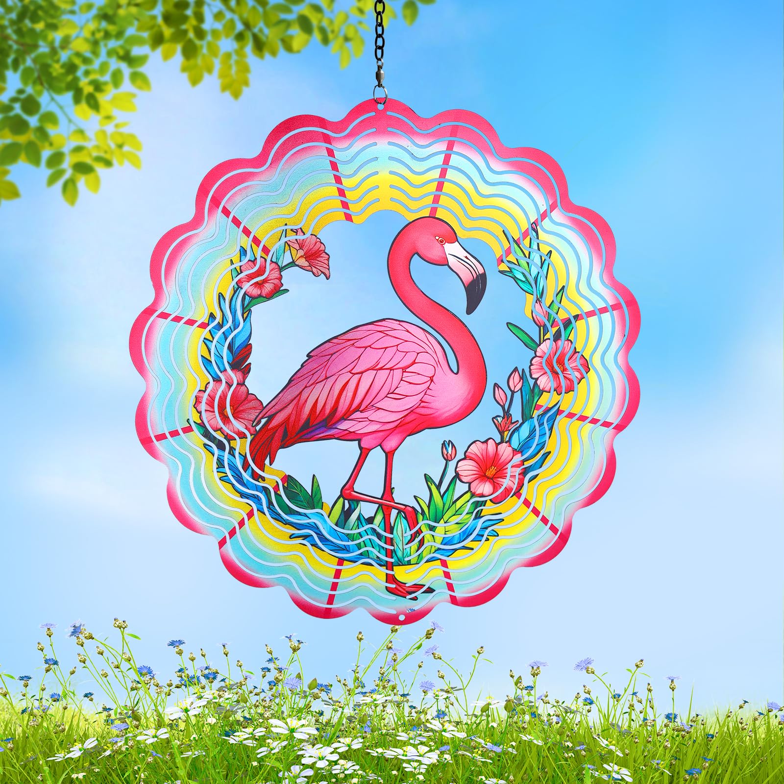Flamingo Metal Wind Spinners Gifts for Women Mom Grandma Friends Hanging Wind Spinner Garden Decorations 12 inch 3D Kinetic Sculpture for Lndoor Christmas Outdoor Decor House Yard Art Decorations