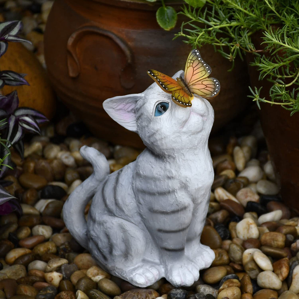 Outdoor Solar Cat Butterfly Statue for Garden Decor