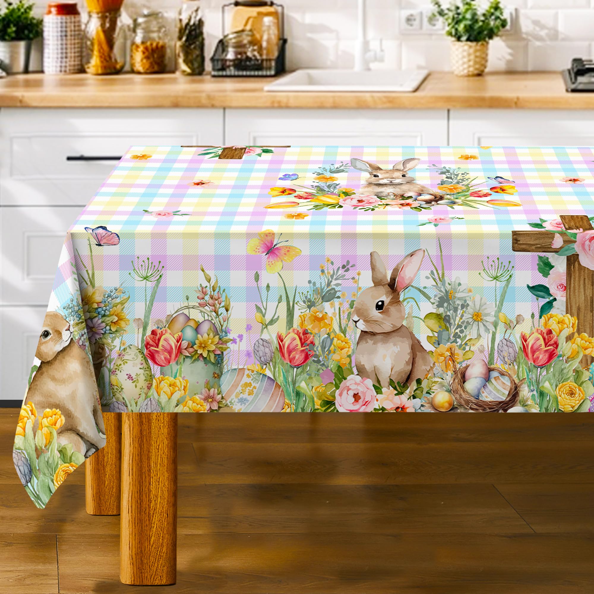 Unibyby Easter Tablecloth Easter Table Cloth Rectangle 60 x 84 with Bunny and Eggs Easter Oblong Tablecloth Buffalo Check Plaid Kitchen Table Cover for Dining Room Tulips Floral Indoor Decor