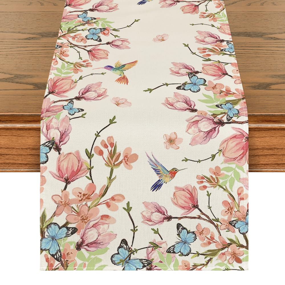 Artoid Mode Flowers Bird Butterfly Spring Table Runner Seasonal Kitchen Dining Table Decoration for Home Party Decor 13x36 Inch