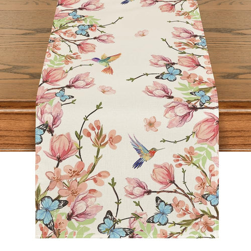 Artoid Mode Flowers Bird Butterfly Spring Table Runner Seasonal Kitchen Dining Table Decoration for Home Party Decor 13x36 Inch